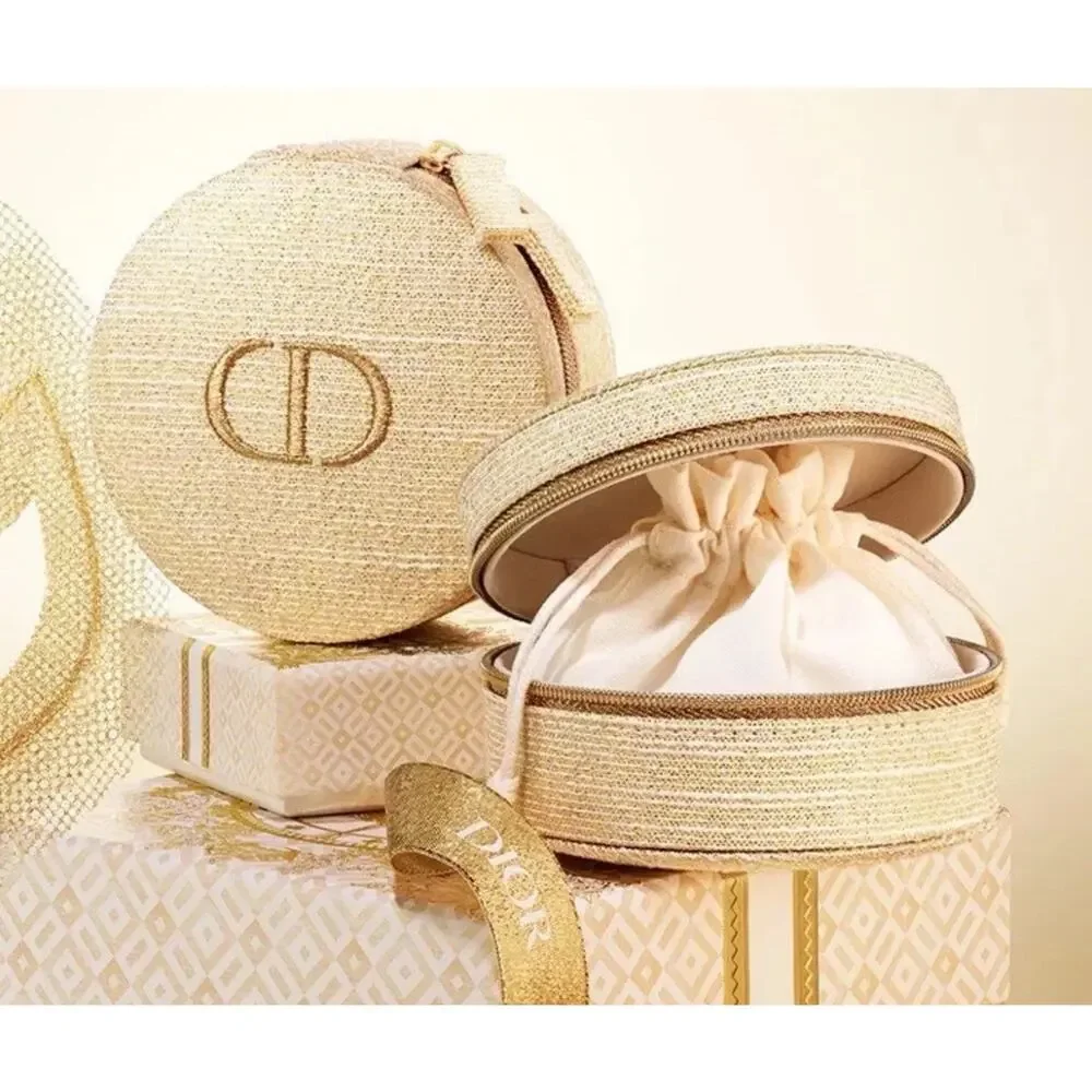 Dior Gold Glitter Designer Travel Jewelry Round Case Pouch w Black Mirror - NEW